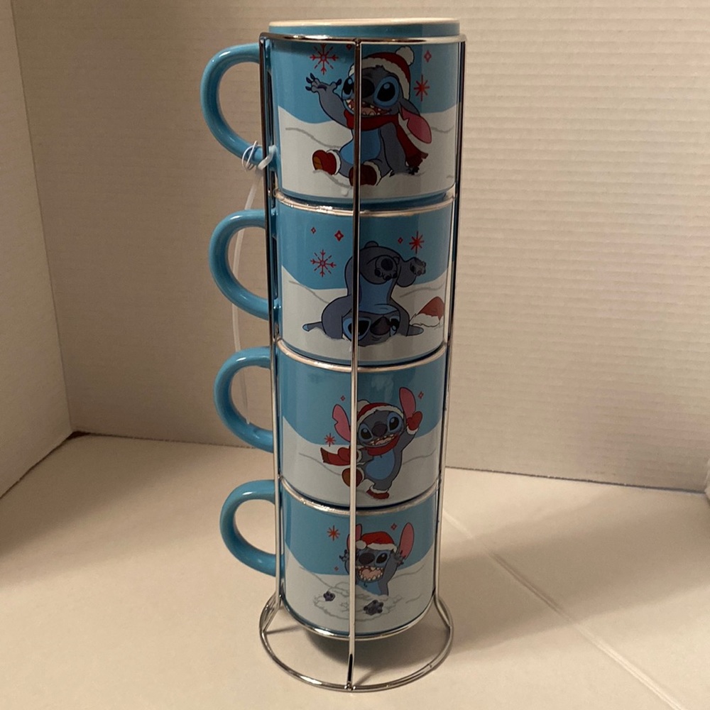 Disney stacked Stitch mugs from movie lilo and Stitch Christmas metal rack